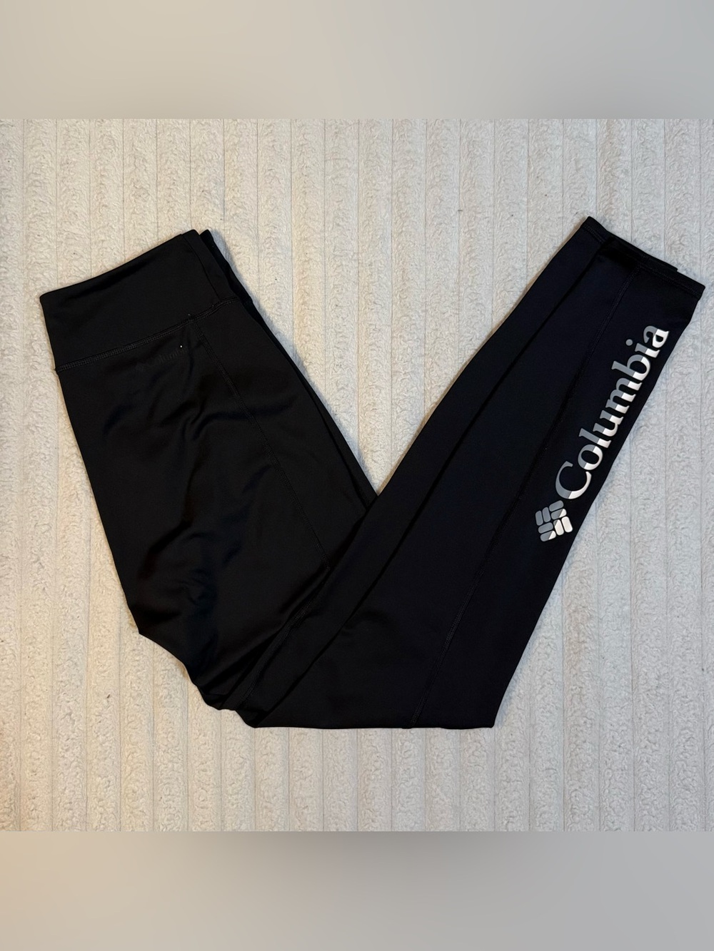 Women’s Gym Activewear Workout Columbia Black Leggings Logo Print Side Leg M